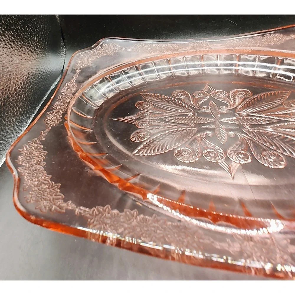 Vintage Jeanette Pink Depression Glass Curved Platter Adam Pattern 11.75